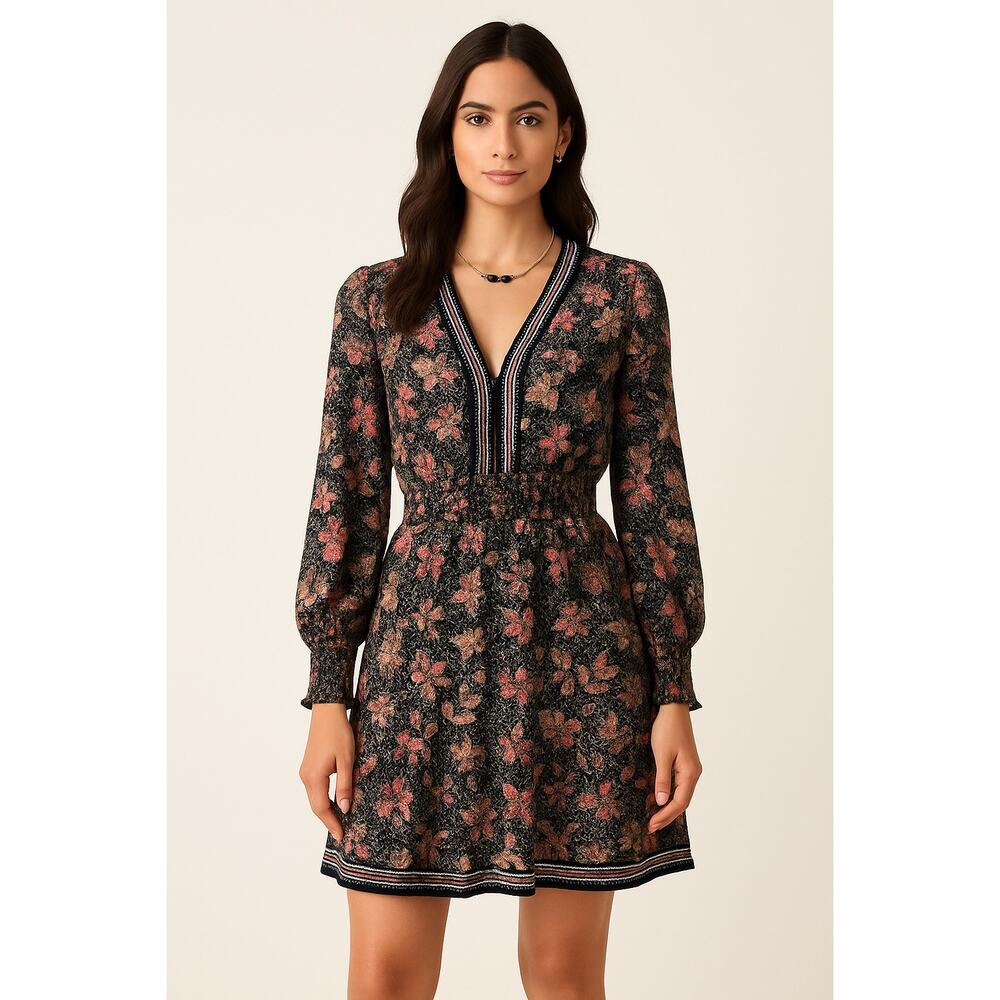 Mellóday Floral Boho Dress Size M V-Neck Smocked Waist Long Sleeve